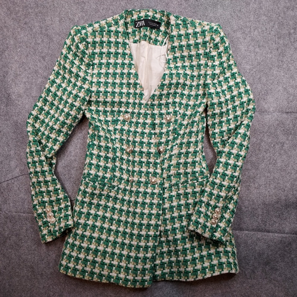 Zara Green and White Tweed Double-Breasted Blazer